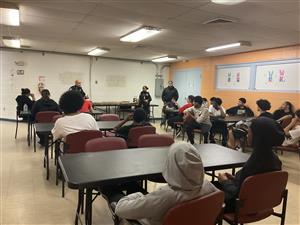 Waterbury Police Department having a group discussion with our youth program at River Baldwin Recreation Center.